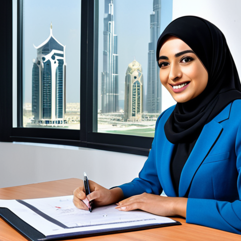 ** "A professional Arab businesswoman in a modern office setting, wearing a stylish, modest business suit and hijab. She is smiling confidently while reviewing documents on her desk. The office features clean lines, Arabic calligraphy art on the walls, and a view of a bustling city in the UAE (Dubai or Abu Dhabi). Perfect anatomy, correct proportions, well-formed hands, natural pose, fully clothed, appropriate attire, professional, modest, safe for work, high quality." **