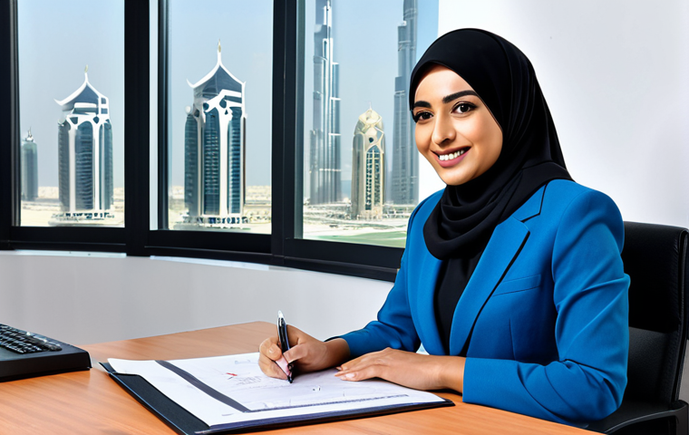 ** "A professional Arab businesswoman in a modern office setting, wearing a stylish, modest business suit and hijab. She is smiling confidently while reviewing documents on her desk. The office features clean lines, Arabic calligraphy art on the walls, and a view of a bustling city in the UAE (Dubai or Abu Dhabi). Perfect anatomy, correct proportions, well-formed hands, natural pose, fully clothed, appropriate attire, professional, modest, safe for work, high quality." **