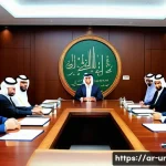 Home 22 비교 전통적 조직 구조 vs 네트워크 조직 - A professional office scene in a Middle Eastern corporate environment showing a traditional hierarch...