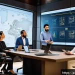 Home 21 네트워크 조직 설계의 도전과 기회 - A diverse team meeting in a modern office with Middle Eastern architectural elements, featuring prof...