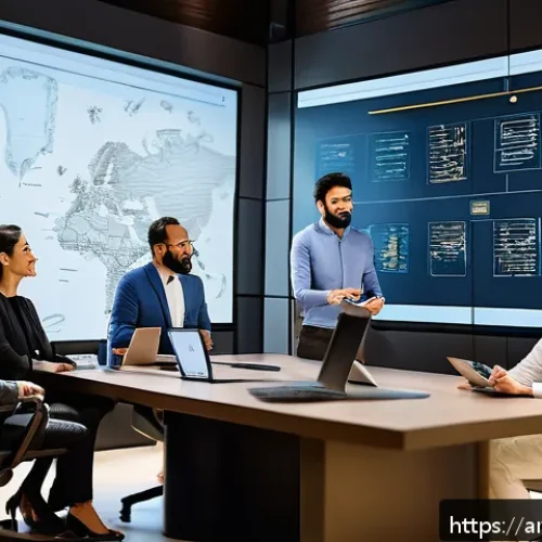 Home 33 네트워크 조직 설계의 도전과 기회 - A diverse team meeting in a modern office with Middle Eastern architectural elements, featuring prof...