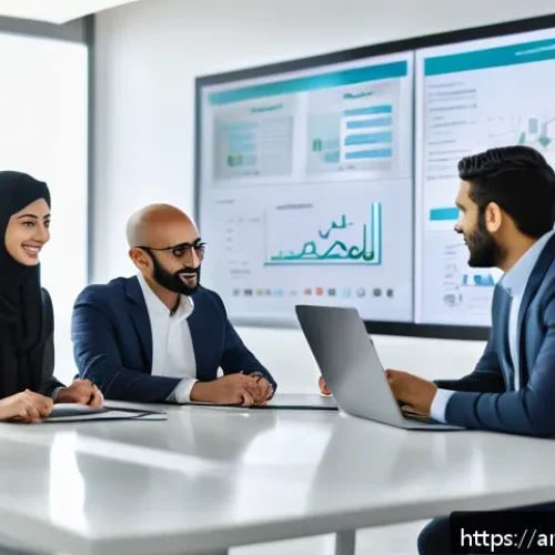 Home 32 네트워크 조직 설계의 지속 가능성 - A modern Arab corporate office scene showing diverse multidisciplinary teams engaged in an open, tra...