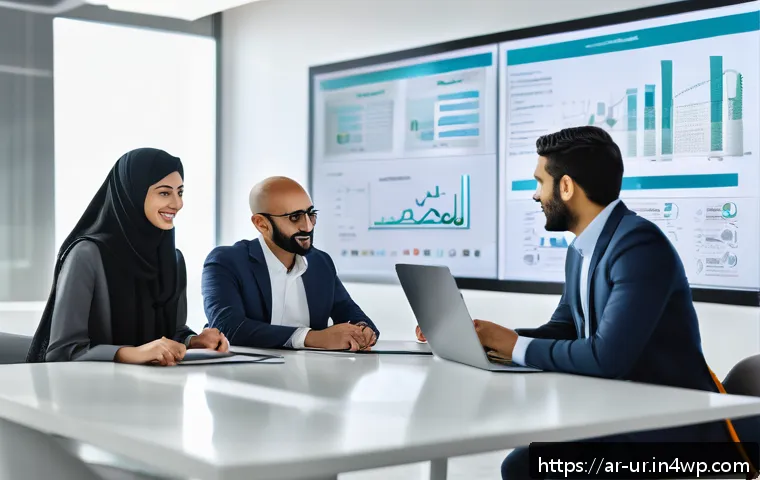 네트워크 조직 설계의 지속 가능성 - A modern Arab corporate office scene showing diverse multidisciplinary teams engaged in an open, tra...