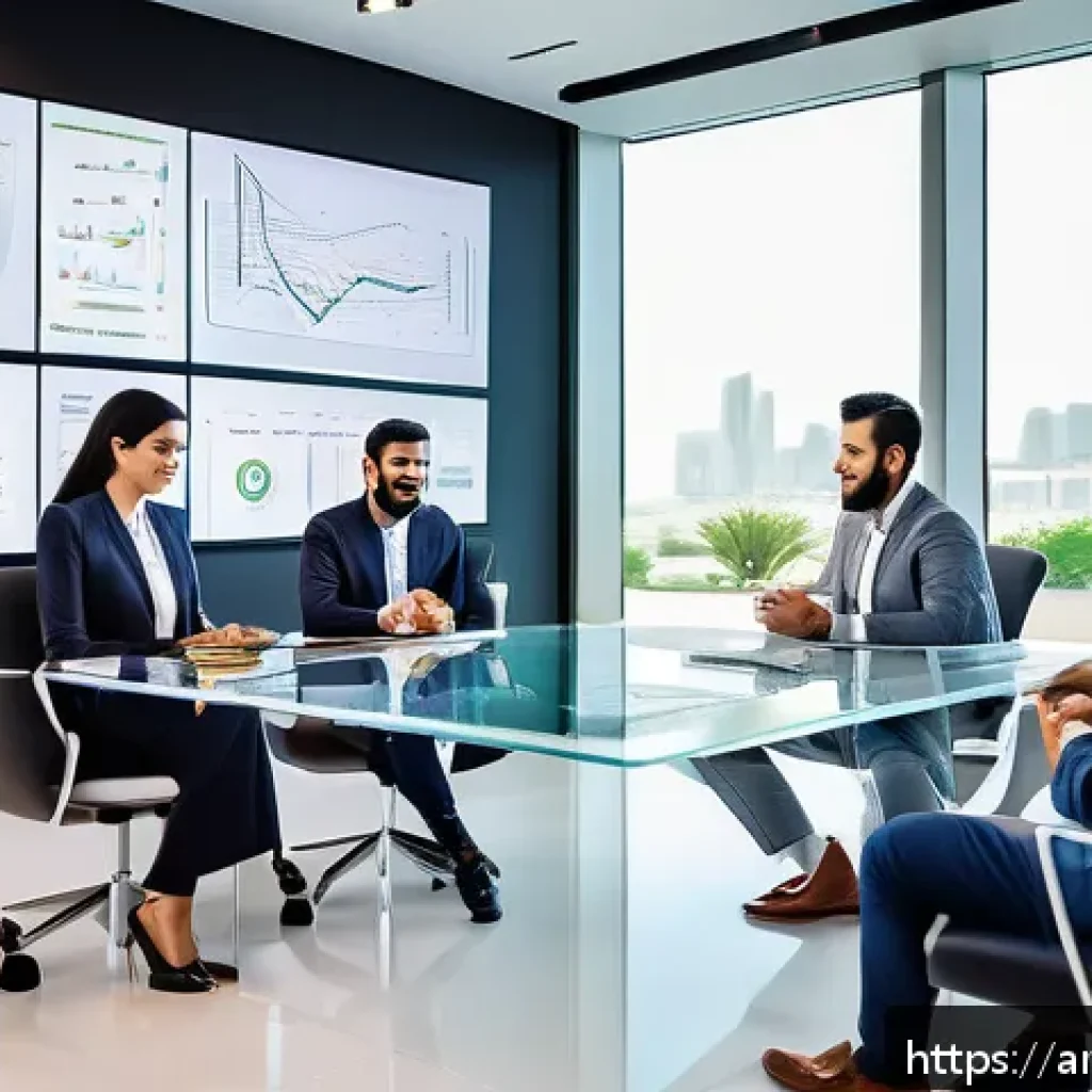네트워크 조직 설계의 성과 측정 방법 - A modern Middle Eastern corporate office scene showing a diverse team of Arabic professionals engage...