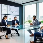 Home 18 네트워크 조직 설계의 성과 측정 방법 - A modern Middle Eastern corporate office scene showing a diverse team of Arabic professionals engage...