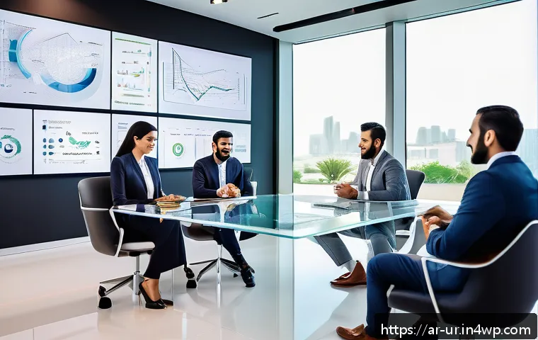 네트워크 조직 설계의 성과 측정 방법 - A modern Middle Eastern corporate office scene showing a diverse team of Arabic professionals engage...