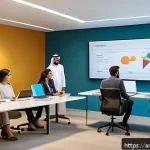 Home 23 네트워크 조직의 진화와 미래 전망 - A modern Arabic office environment showcasing a dynamic network organizational structure: diverse pr...