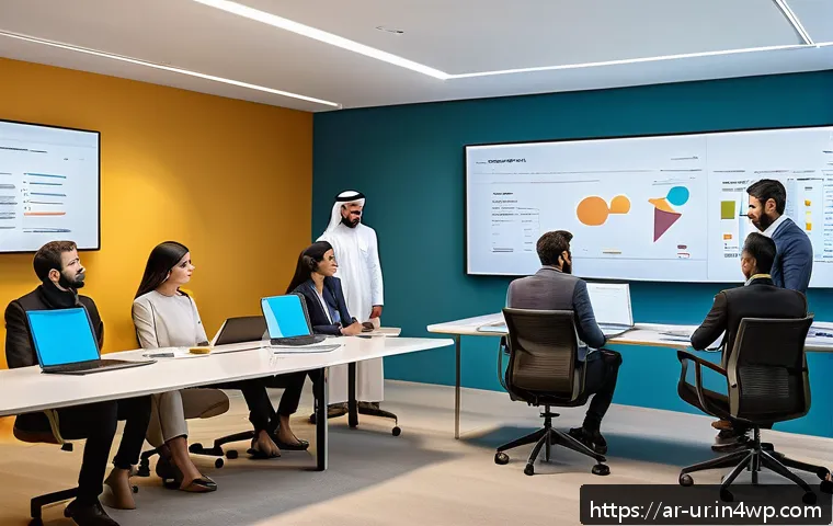 네트워크 조직의 진화와 미래 전망 - A modern Arabic office environment showcasing a dynamic network organizational structure: diverse pr...