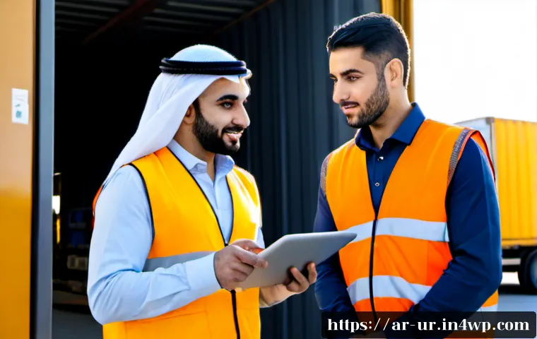 공급망 관리와 네트워크 조직 설계의 관계 - Photorealistic Gulf Arab supply chain manager in modest business attire reviewing a tablet with two ...