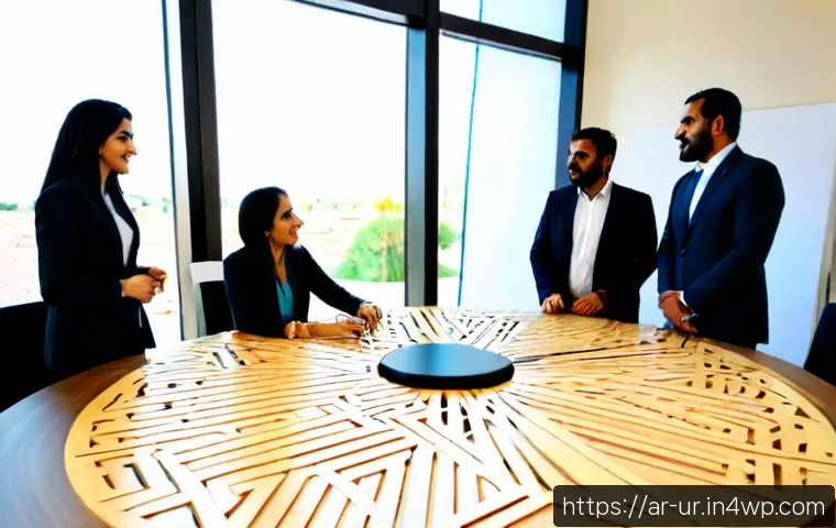 네트워크 조직 설계에서의 성과 향상 사례 - Photorealistic modern Gulf-region business office, diverse Arab professionals in modest smart busine...