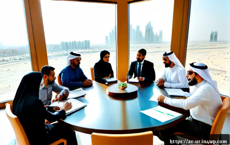 네트워크 조직 설계의 장애물 극복 전략 - Photorealistic modern Middle Eastern business workshop in a bright Dubai-style office, diverse Arab ...
